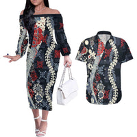 Hawaii Puakenikeni and Maile Lei Couples Matching Off The Shoulder Long Sleeve Dress and Hawaiian Shirt Navy Blue Japanese Wave Style - Polynesian Pride