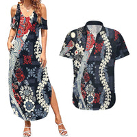 Hawaii Puakenikeni and Maile Lei Couples Matching Summer Maxi Dress and Hawaiian Shirt Navy Blue Japanese Wave Style - Polynesian Pride