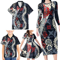 Hawaii Puakenikeni and Maile Lei Family Matching Long Sleeve Bodycon Dress and Hawaiian Shirt Navy Blue Japanese Wave Style - Polynesian Pride