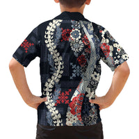 Hawaii Puakenikeni and Maile Lei Family Matching Off The Shoulder Long Sleeve Dress and Hawaiian Shirt Navy Blue Japanese Wave Style - Polynesian Pride