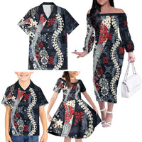 Hawaii Puakenikeni and Maile Lei Family Matching Off The Shoulder Long Sleeve Dress and Hawaiian Shirt Navy Blue Japanese Wave Style - Polynesian Pride