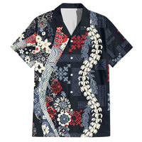Hawaii Puakenikeni and Maile Lei Family Matching Off The Shoulder Long Sleeve Dress and Hawaiian Shirt Navy Blue Japanese Wave Style - Polynesian Pride