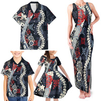 Hawaii Puakenikeni and Maile Lei Family Matching Tank Maxi Dress and Hawaiian Shirt Navy Blue Japanese Wave Style - Polynesian Pride