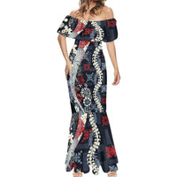 Hawaii Puakenikeni and Maile Lei Mermaid Dress Navy Blue Japanese Wave Style - Polynesian Pride