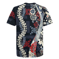 Hawaii Puakenikeni and Maile Lei Rugby Jersey Navy Blue Japanese Wave Style - Polynesian Pride