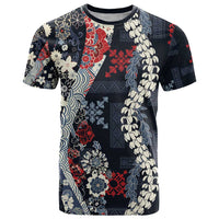 Hawaii Puakenikeni and Maile Lei T Shirt Navy Blue Japanese Wave Style - Polynesian Pride