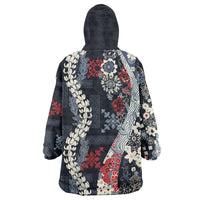 Hawaii Puakenikeni and Maile Lei Wearable Blanket Hoodie Navy Blue Japanese Wave Style - Polynesian Pride