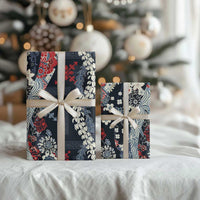 Hawaii Puakenikeni and Maile Lei Wrapping Paper Navy Blue Japanese Wave Style - Polynesian Pride