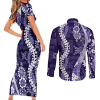 Hawaii Puakenikeni and Maile Lei Couples Matching Short Sleeve Bodycon Dress and Long Sleeve Button Shirt Purple Japanese Wave Style - Polynesian Pride