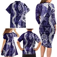 Hawaii Puakenikeni and Maile Lei Family Matching Long Sleeve Bodycon Dress and Hawaiian Shirt Purple Japanese Wave Style - Polynesian Pride