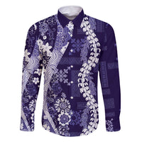 Hawaii Puakenikeni and Maile Lei Family Matching Long Sleeve Bodycon Dress and Hawaiian Shirt Purple Japanese Wave Style - Polynesian Pride