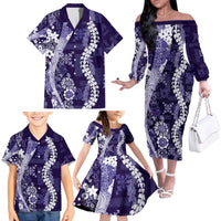Hawaii Puakenikeni and Maile Lei Family Matching Off The Shoulder Long Sleeve Dress and Hawaiian Shirt Purple Japanese Wave Style - Polynesian Pride