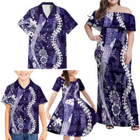 Hawaii Puakenikeni and Maile Lei Family Matching Off Shoulder Maxi Dress and Hawaiian Shirt Purple Japanese Wave Style - Polynesian Pride