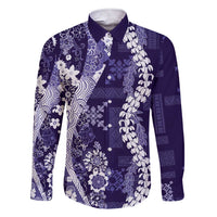 Hawaii Puakenikeni and Maile Lei Family Matching Short Sleeve Bodycon Dress and Hawaiian Shirt Purple Japanese Wave Style - Polynesian Pride