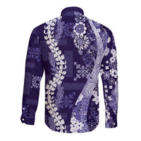 Hawaii Puakenikeni and Maile Lei Long Sleeve Button Shirt Purple Japanese Wave Style - Polynesian Pride