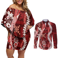 Hawaii Puakenikeni and Maile Lei Couples Matching Off Shoulder Short Dress and Long Sleeve Button Shirt Red Japanese Wave Style - Polynesian Pride