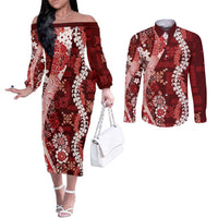Hawaii Puakenikeni and Maile Lei Couples Matching Off The Shoulder Long Sleeve Dress and Long Sleeve Button Shirt Red Japanese Wave Style - Polynesian Pride