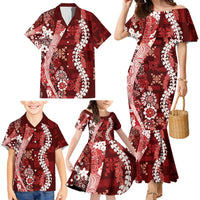 Hawaii Puakenikeni and Maile Lei Family Matching Mermaid Dress and Hawaiian Shirt Red Japanese Wave Style - Polynesian Pride
