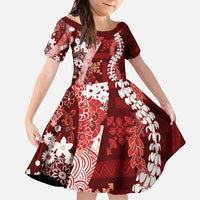 Hawaii Puakenikeni and Maile Lei Family Matching Off The Shoulder Long Sleeve Dress and Hawaiian Shirt Red Japanese Wave Style - Polynesian Pride