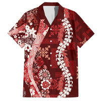 Hawaii Puakenikeni and Maile Lei Family Matching Off The Shoulder Long Sleeve Dress and Hawaiian Shirt Red Japanese Wave Style - Polynesian Pride