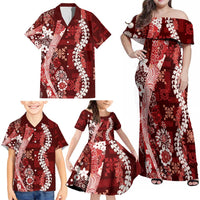 Hawaii Puakenikeni and Maile Lei Family Matching Off Shoulder Maxi Dress and Hawaiian Shirt Red Japanese Wave Style - Polynesian Pride