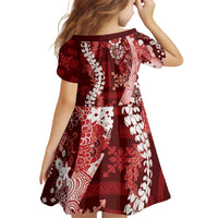 Hawaii Puakenikeni and Maile Lei Family Matching Off Shoulder Short Dress and Hawaiian Shirt Red Japanese Wave Style - Polynesian Pride