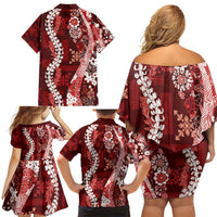 Hawaii Puakenikeni and Maile Lei Family Matching Off Shoulder Short Dress and Hawaiian Shirt Red Japanese Wave Style - Polynesian Pride