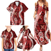 Hawaii Puakenikeni and Maile Lei Family Matching Summer Maxi Dress and Hawaiian Shirt Red Japanese Wave Style - Polynesian Pride