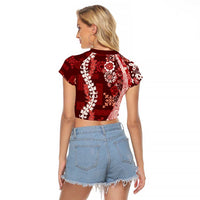 Hawaii Puakenikeni and Maile Lei Raglan Cropped T Shirt Red Japanese Wave Style - Polynesian Pride