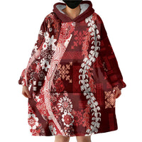 Hawaii Puakenikeni and Maile Lei Wearable Blanket Hoodie Red Japanese Wave Style - Polynesian Pride