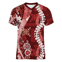 Hawaii Puakenikeni and Maile Lei Women V-Neck T-Shirt Red Japanese Wave Style LT9 Female Red - Polynesian Pride