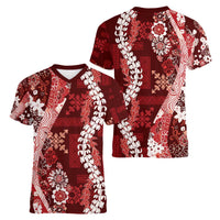 Hawaii Puakenikeni and Maile Lei Women V-Neck T-Shirt Red Japanese Wave Style LT9 - Polynesian Pride