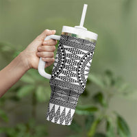All White Tonga Malo e lelei Tumbler With Handle Vintage Ngatu Tribal Pattern - Polynesian Pride