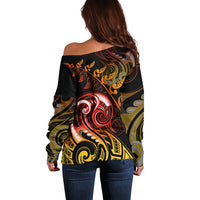 New Zealand Off Shoulder Sweater Aotearoa Hei-Tiki Maori Fern Tattoo Arty LT9 - Polynesian Pride