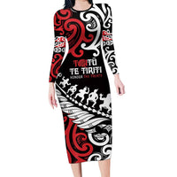 Honour The Treaty New Zealand Personalised Family Matching Long Sleeve Bodycon Dress and Hawaiian Shirt Toitu Te Tiriti Half Fern with Haka dance LT9 Mom's Dress Black - Polynesian Pride