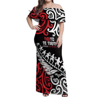 Honour The Treaty New Zealand Personalised Off Shoulder Maxi Dress Toitu Te Tiriti Half Fern with Haka dance