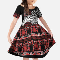 Honour The Treaty New Zealand Personalised Family Matching Mermaid Dress and Hawaiian Shirt Toitu Te Tiriti Indigenous Maori Face LT9 Daughter's Dress Black - Polynesian Pride