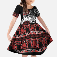 Honour The Treaty New Zealand Personalised Family Matching Off The Shoulder Long Sleeve Dress and Hawaiian Shirt Toitu Te Tiriti Indigenous Maori Face LT9 Daughter's Dress Black - Polynesian Pride