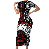 Honour The Treaty New Zealand Personalised Family Matching Short Sleeve Bodycon Dress and Hawaiian Shirt Toitu Te Tiriti Indigenous Maori Face LT9 Mom's Dress Black - Polynesian Pride