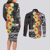 Samoa Tribal Hibiscus Flowers Couples Matching Long Sleeve Bodycon Dress and Long Sleeve Button Shirt