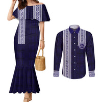 Tonga Queen Salote College 100 years Couples Matching Mermaid Dress and Long Sleeve Button Shirt QSC 1926-2026 Tongan Pattern LT9 Blue - Polynesian Pride
