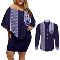 Tonga Queen Salote College 100 years Couples Matching Off Shoulder Short Dress and Long Sleeve Button Shirt QSC 1926-2026 Tongan Pattern LT9 Blue - Polynesian Pride