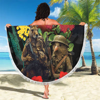 Kangaroo-Kiwi Soldier ANZAC Personalised Beach Blanket Golden Wattle and Pohutukawa Flowers