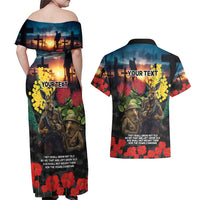Kangaroo-Kiwi Soldier ANZAC Personalised Couples Matching Off Shoulder Maxi Dress and Hawaiian Shirt Golden Wattle and Pohutukawa Flowers