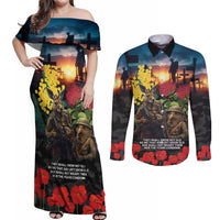 Kangaroo-Kiwi Soldier ANZAC Personalised Couples Matching Off Shoulder Maxi Dress and Long Sleeve Button Shirt Golden Wattle and Pohutukawa Flowers