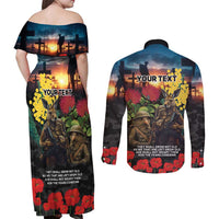 Kangaroo-Kiwi Soldier ANZAC Personalised Couples Matching Off Shoulder Maxi Dress and Long Sleeve Button Shirt Golden Wattle and Pohutukawa Flowers
