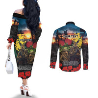 Kangaroo-Kiwi Soldier ANZAC Personalised Couples Matching Off The Shoulder Long Sleeve Dress and Long Sleeve Button Shirt Golden Wattle and Pohutukawa Flowers