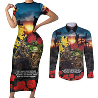 Kangaroo-Kiwi Soldier ANZAC Personalised Couples Matching Short Sleeve Bodycon Dress and Long Sleeve Button Shirt Golden Wattle and Pohutukawa Flowers