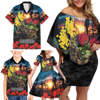 Kangaroo-Kiwi Soldier ANZAC Personalised Family Matching Off Shoulder Short Dress and Hawaiian Shirt Golden Wattle and Pohutukawa Flowers