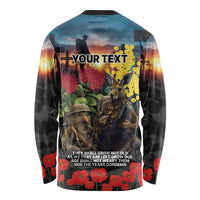 Kangaroo-Kiwi Soldier ANZAC Personalised Long Sleeve Shirt Golden Wattle and Pohutukawa Flowers